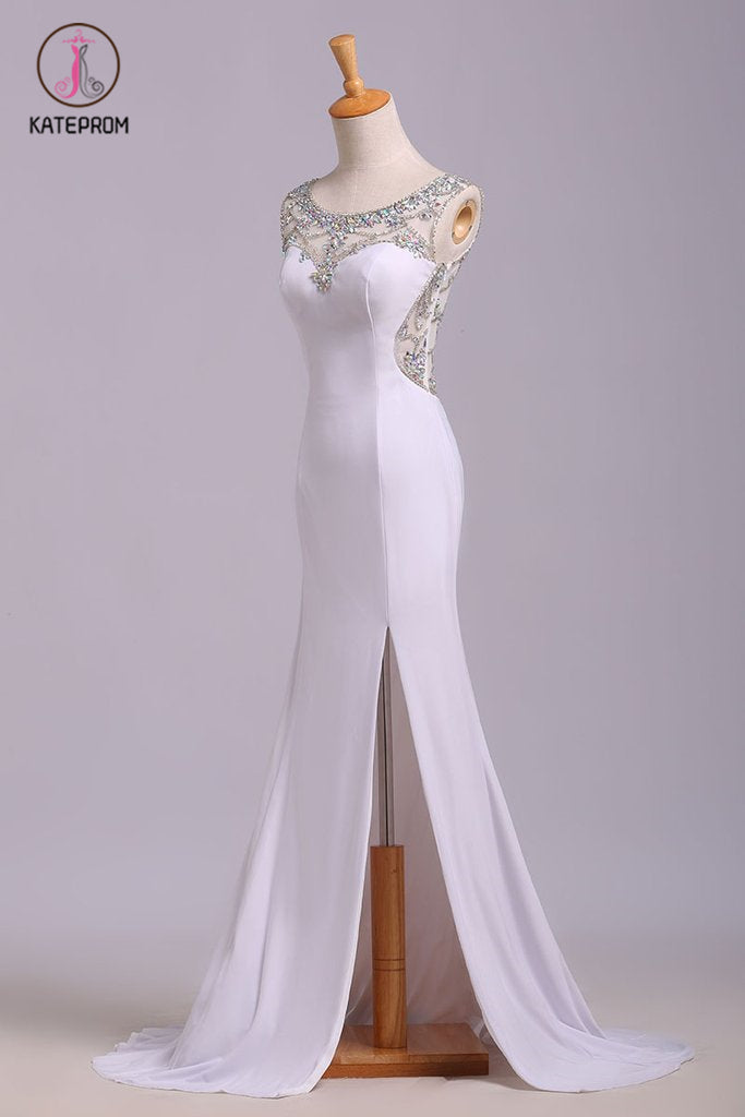 White Mermaid Sleeveless Split Prom Dress with Sequins, Sweep Train Dress with Rhinestones KPP0576