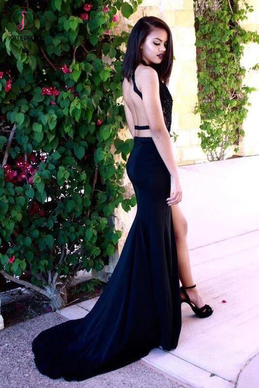 Sexy Mermaid Long Dark Navy Backless Sweep Train Prom Dress with Side Slit KPP0303
