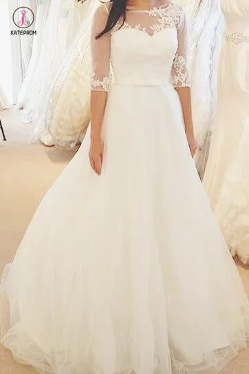 Ivory Half Sleeves Floor-length Bateau With Lace Applique Tulle Wedding Dress,Bridal Gown KPW0146