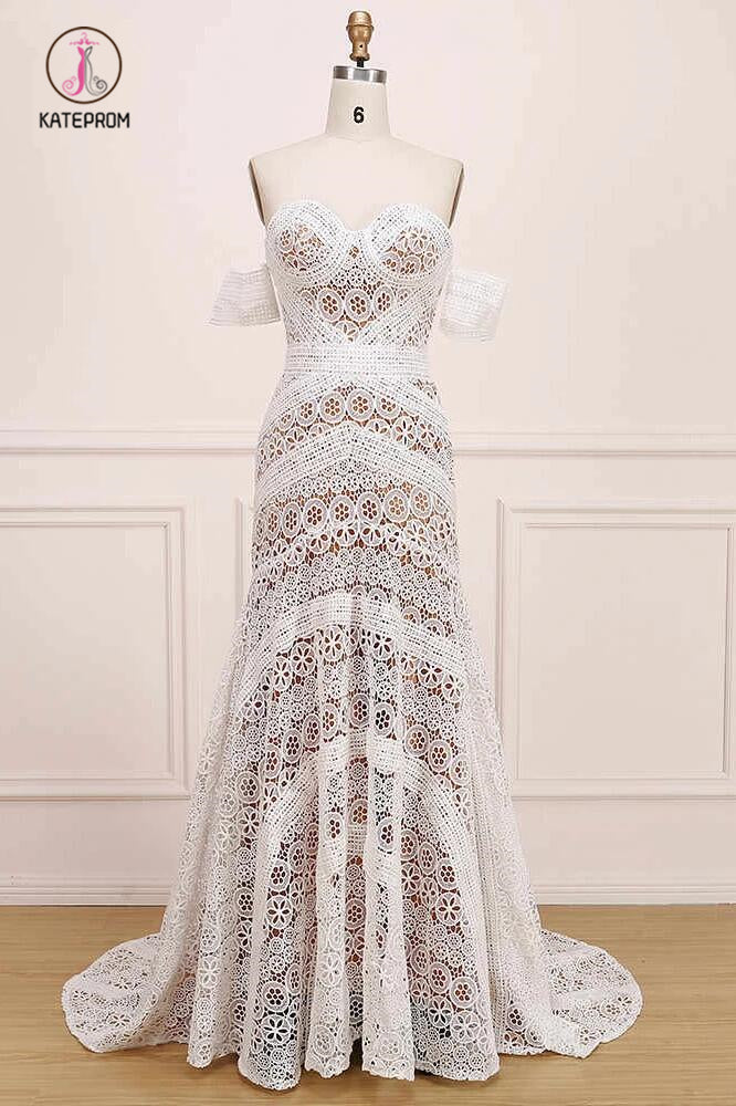 Long Sweetheart Neck Lace Bridal Dress Beach Wedding Dresses, Boho Bridal Dress KPW0459