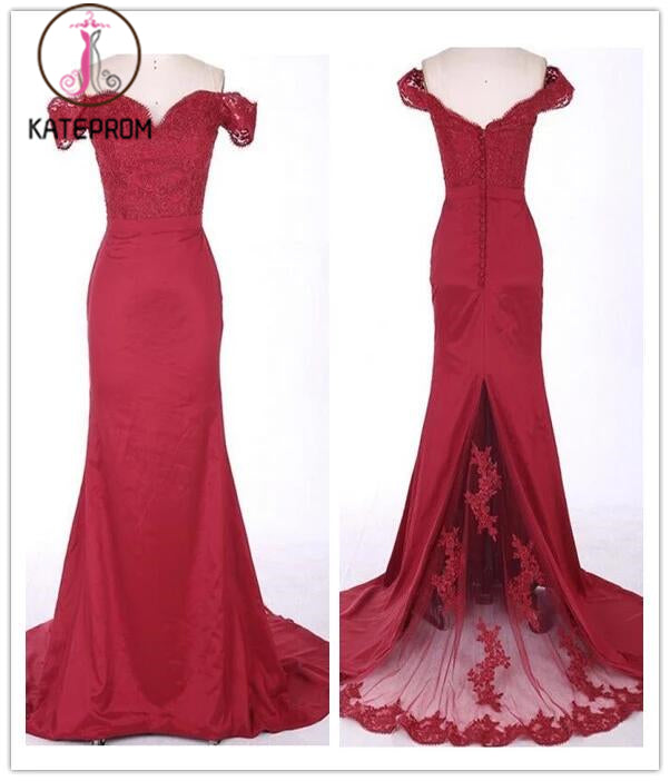 Mermaid Burgundy Off-the-Shoulder Chiffon Lace Prom/Evening Dress KPP0127