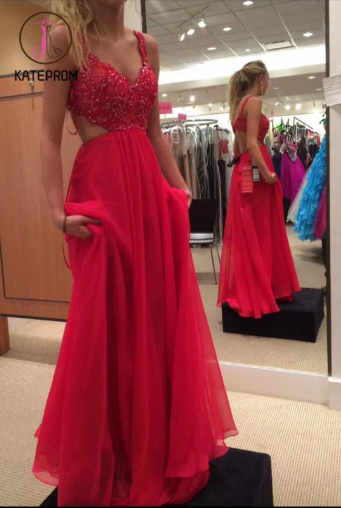 Spaghetti Strap Red Prom Gown,Chiffon Backless Formal Gown,Beading Prom Dress KPP0192