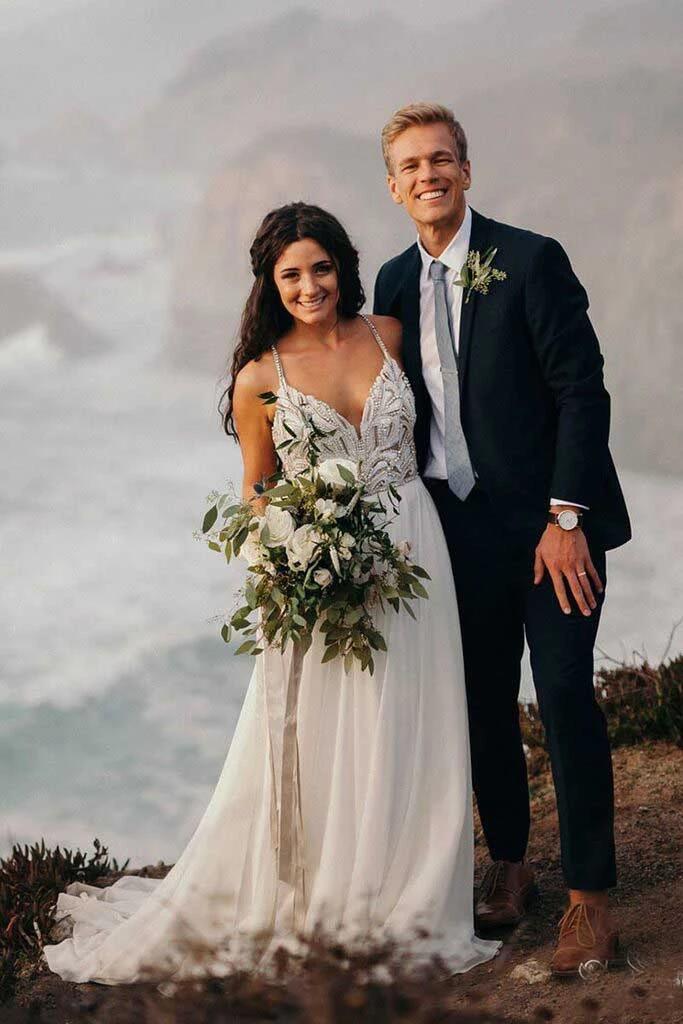 Spaghetti Strap Beaded Ivory Chiffon Country Wedding Dress, Boho Wedding Dress KPW0312