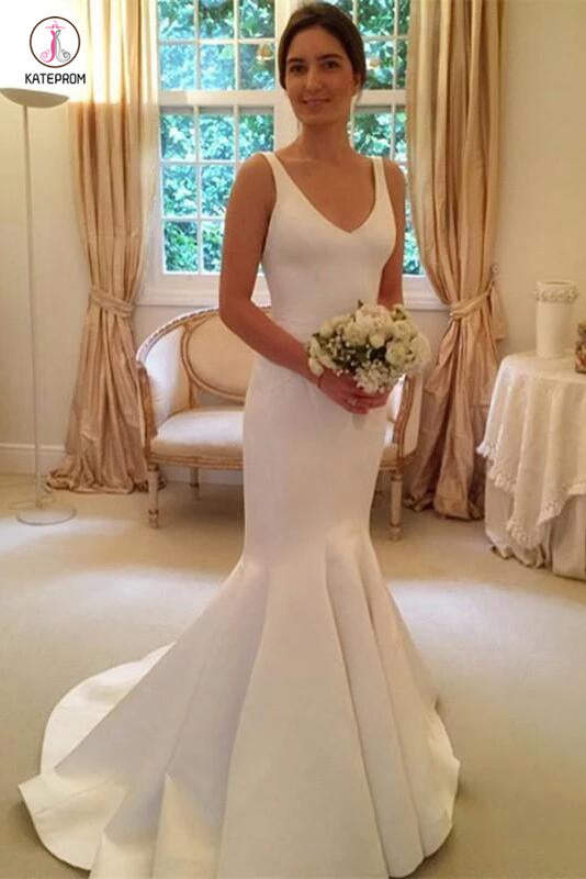 Newest Mermaid V-neck Sleeveless Simple Backless Wedding Dresses With Train KPW0264