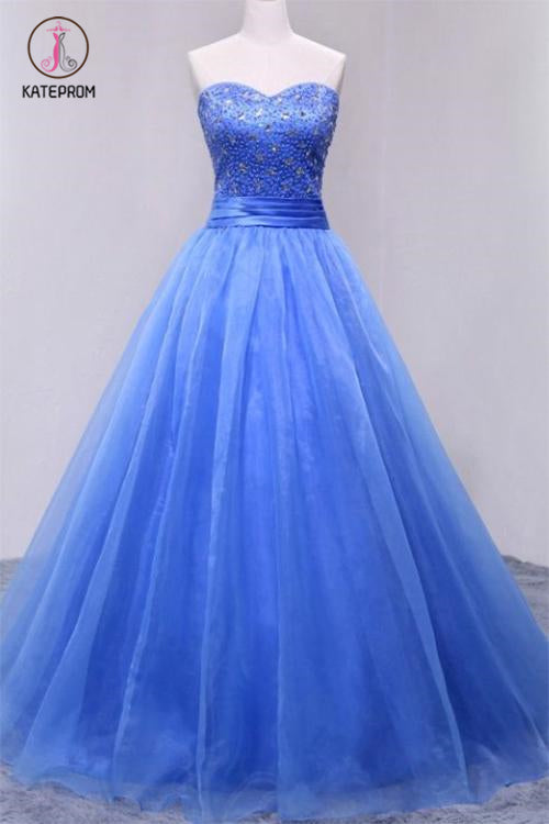 Puffy Sweetheart Organza Floor Length Prom Dress with Beading, Strapless Evening Dress KPP0557