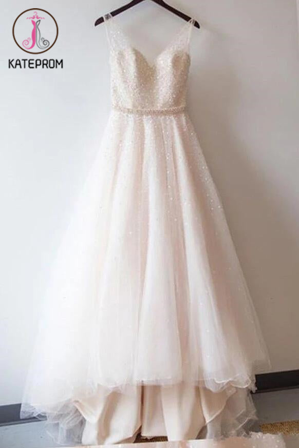 Sequined Wedding Dresses,Shining V-neck Prom Gowns with Beaded Waist,Beach Wedding Dress KPW0064