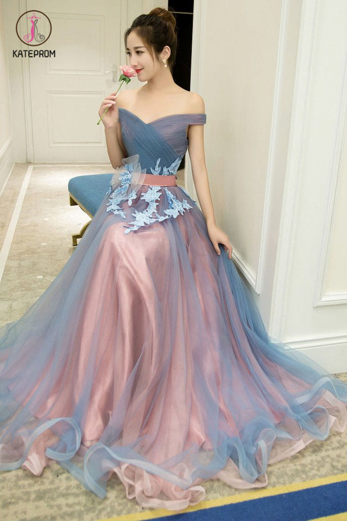A-Line Off-the-Shoulder Tulle Long Prom Dresses Long Tulle Pleats Evening Dresses KPP0500