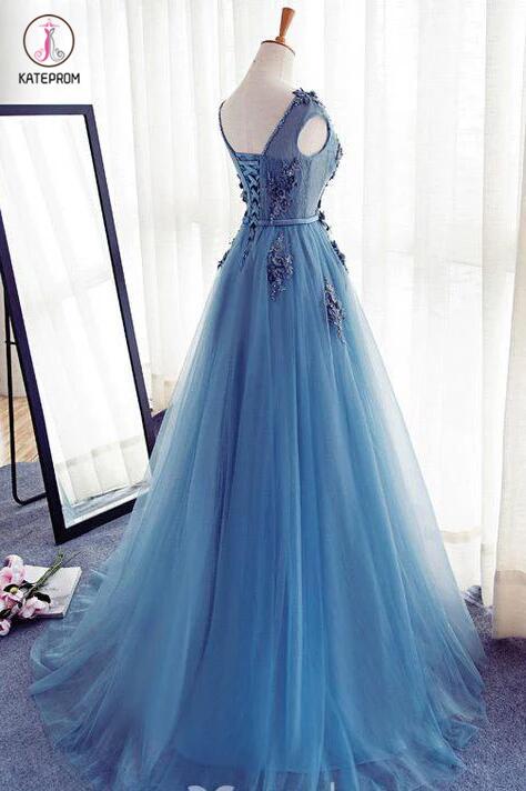 Appliques A-Line Sleeveless Ice Blue Tulle Prom Dresses Long,Evening Dresses KPP0217