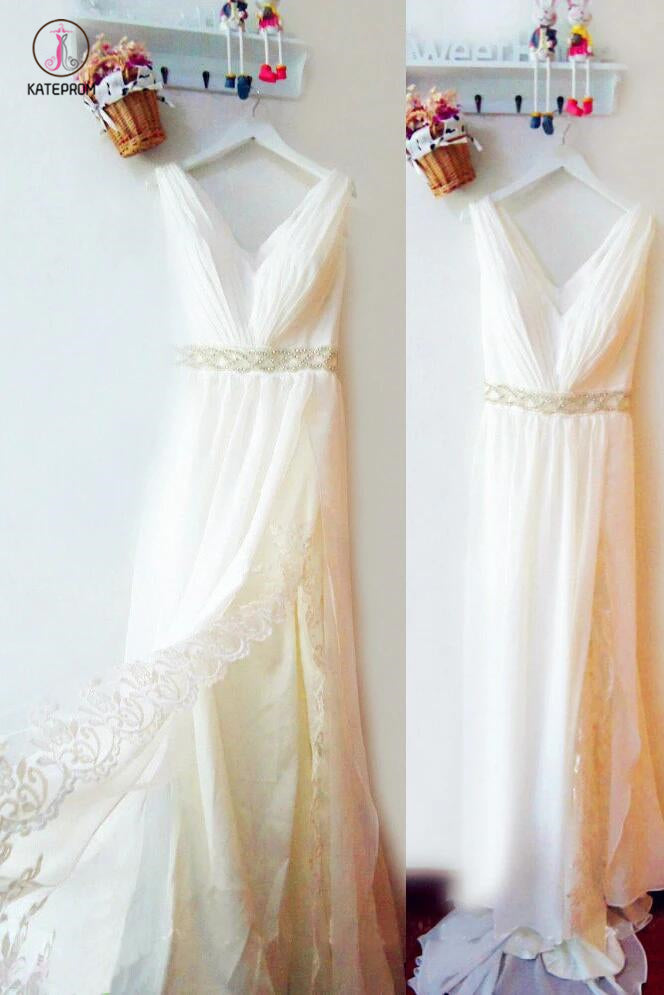 Flowing V-Neck A-Line Split Wedding Dresses With Lace, Beach Wedding Dress with Beads KPW0220