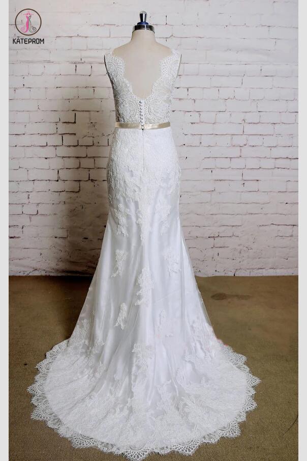 Sheath V Neck Sleeveless Lace Bridal Dress, Sweep Train Tulle Beach Wedding Gown with Sash KPW0197