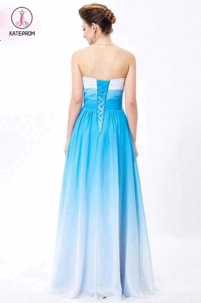 Blue Ombre A-line Sweetheart Pleats Floor Length Bridesmaid Dress,Prom Dress KPB0090
