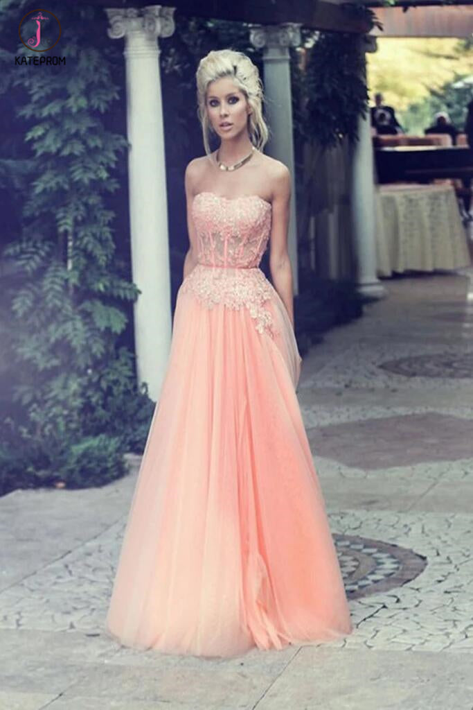 Blush Pink Strapless Long Appliques Prom Dress Evening Dress KPP0095