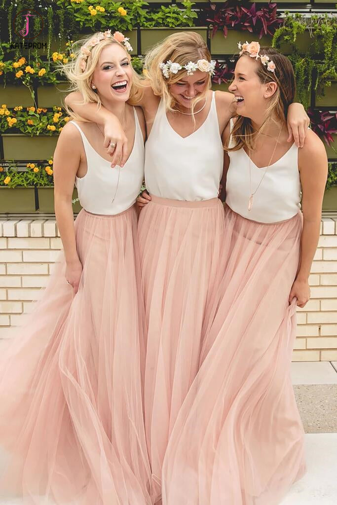 A-line V-neck Floor-length Sleeveless Tulle Bridesmaid Dress,New Prom Dress KPB0084