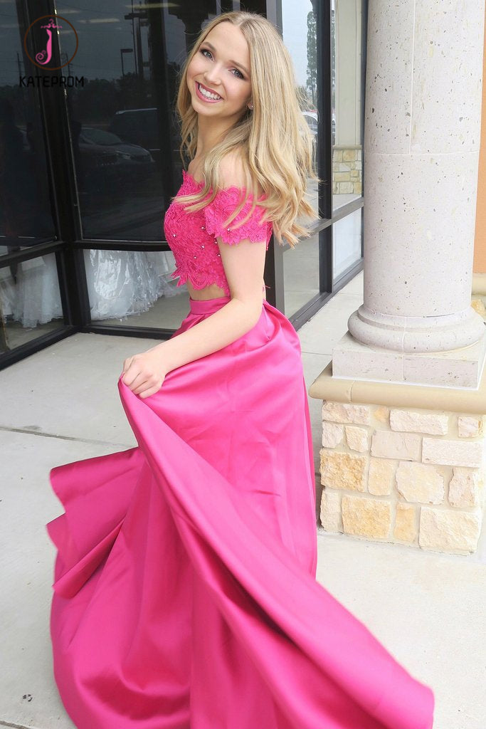 Fuchsia Off Shoulder Prom Dress with Lace, Two Piece Long Satin Formal Dresses KPP0542