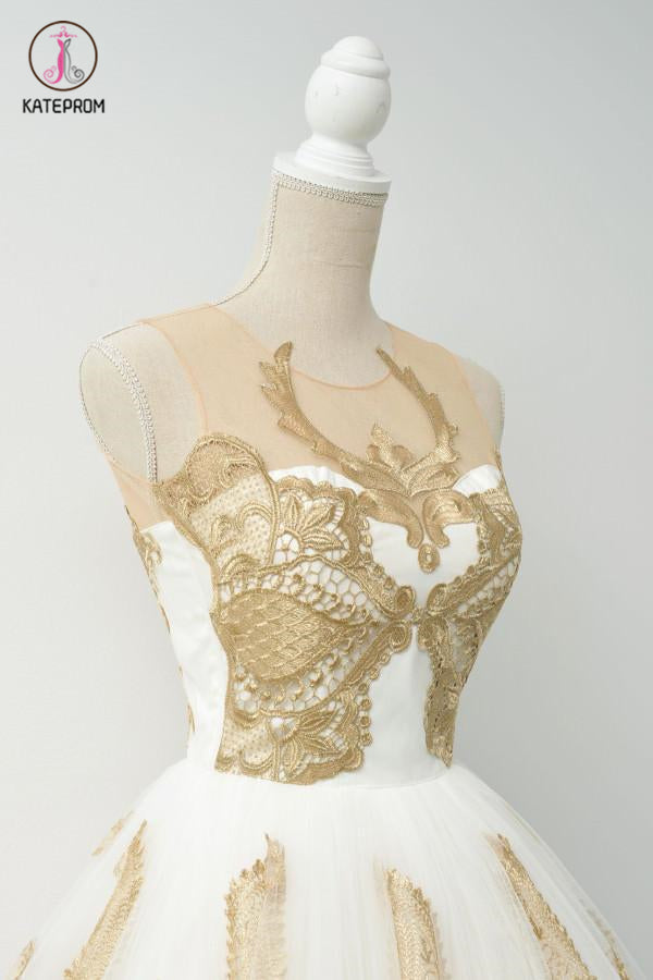 Junior Popular Gold Applique Short Tulle Homecoming Dresses,A-line Short Prom Dresses KPH0169