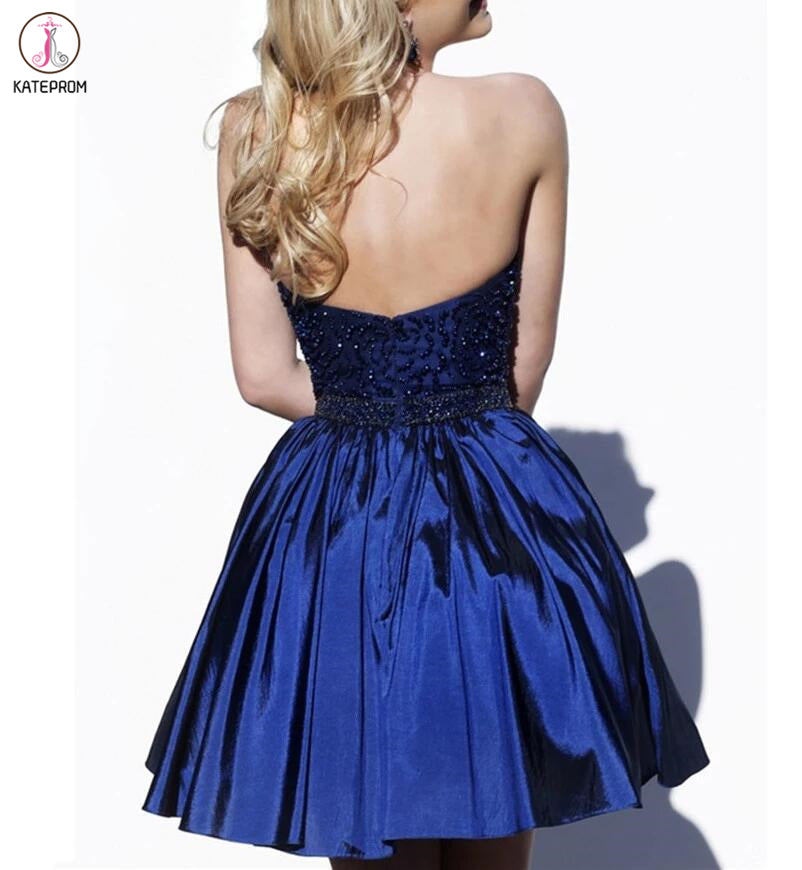 Royal Blue Short Prom Dress,Beading Halter Short Backless Satin Homecoming Dress,Cocktail Dress KPH0069