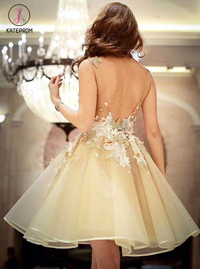 A-line V neck Backless Homecoming Dress with Flowers,Appliqued Sleeveless Junior Dresses KPH0191