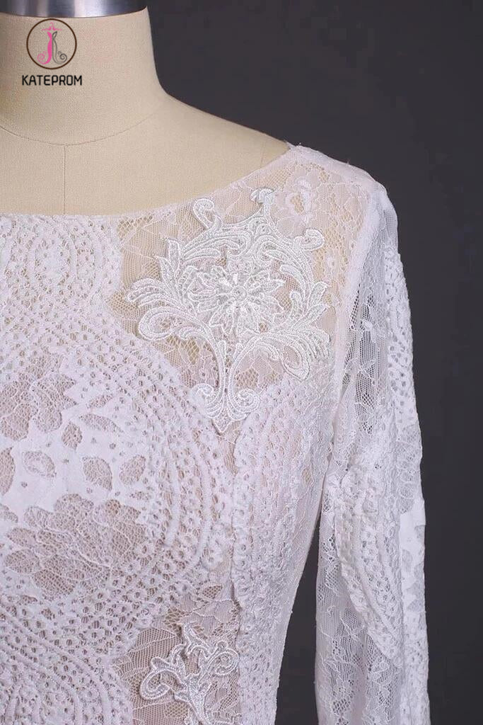 Column Lace Bridal Dress, Long Sleeves Backless Boho Beach Wedding Dresses KPW0412
