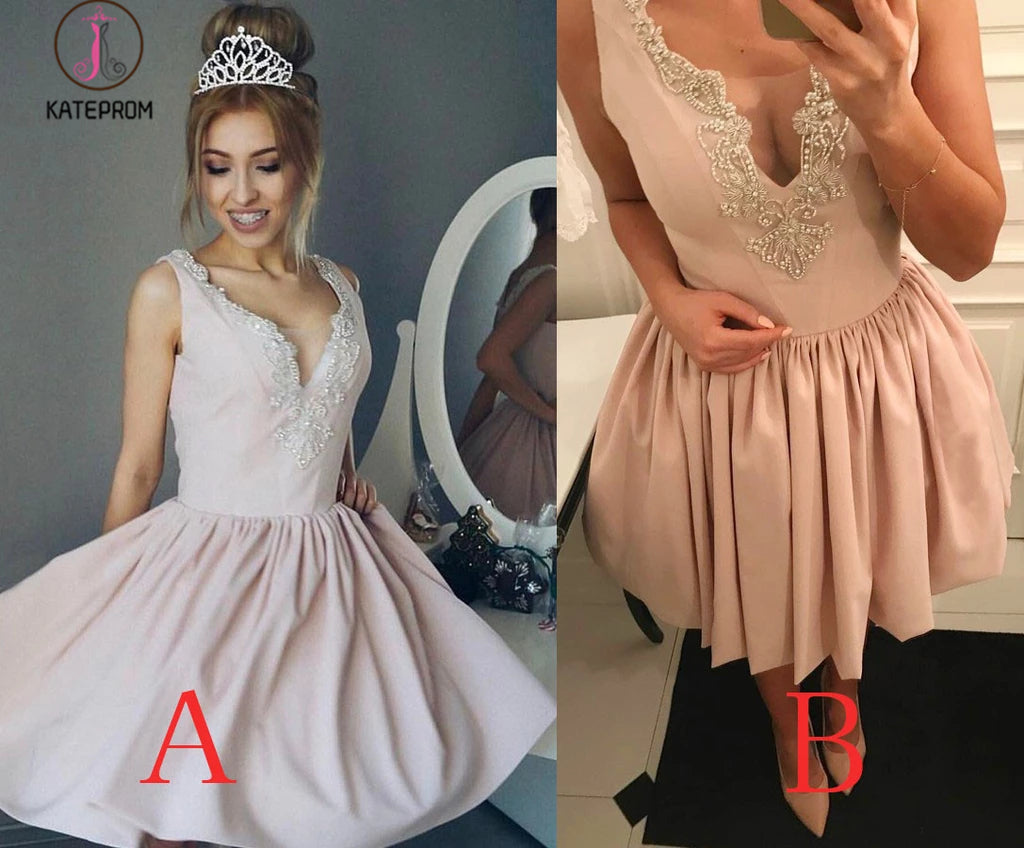 A-Line V-Neck Ruched Short Pearl Pink Satin Homecoming Dress with Beading,Mini Prom Dress KPH0179