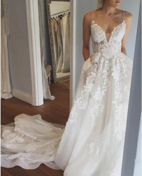 Deep V neck Wedding Dress,Lace Wedding Dress,Spaghetti Straps Beach Wedding Dress KPW0135