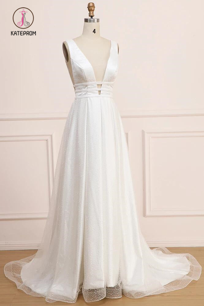 Deep V Neck Sleeveless Bridal Dress, Backless Long A Line Wedding Dresses KPW0460