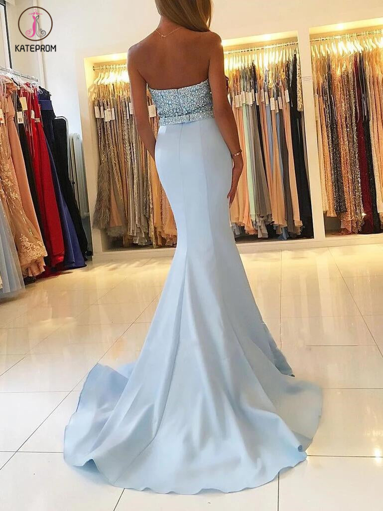 Light Blue Mermaid Strapless Beading Sleeveless Sweep Train Prom Dresses KPP0323