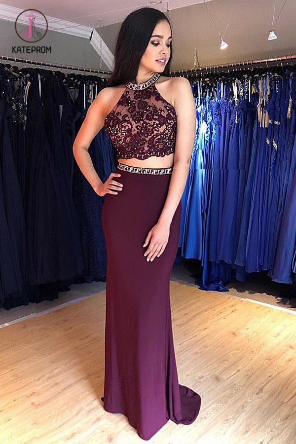 Two Piece Grape Mermaid Open Back Long Prom Dress, Long Beading Evening Dress KPP0597