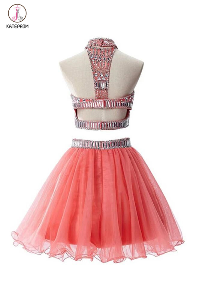 Watermelon Two Pieces Backless Short Prom Homecoming Dresses KPH0021