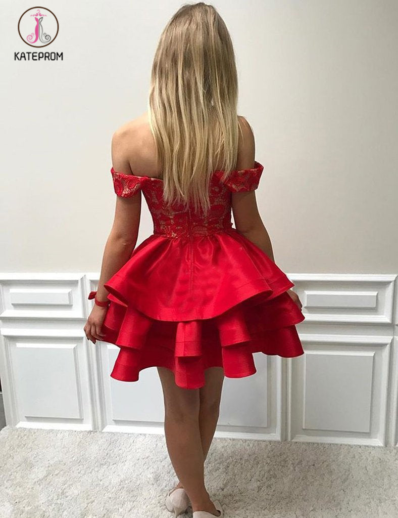 Sexy A-Line Off-The-Shoulder Red Tiered Homecoming Dress With Lace,Short Prom Dress KPH0223