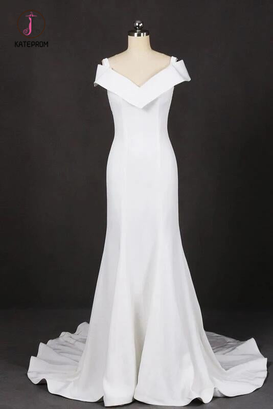 Mermaid V Neck Off White Simple Wedding Dress, Unique Long Bridal Dresses KPW0483