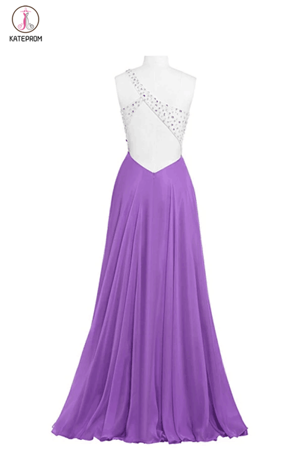 Purple One Shoulder Beaded Long Prom Dresses KPP0033