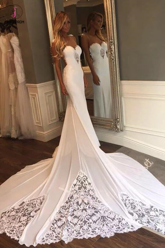 Mermaid Sexy Sheer Neck Wedding Dresses with Lace, Unique Ivory Bridal Dress KPW0209