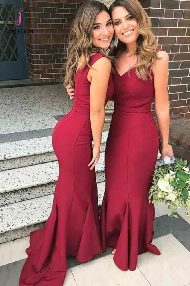 Elegant Mermaid V Neck Burgundy Long Bridesmaid Dresses, Simple Long Prom Dress KPB0145
