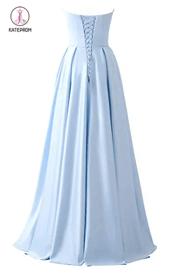 Royal Blue Strapless Bridesmaid Dress with Pockets, A Line Satin Prom Dress with Beads KPB0185