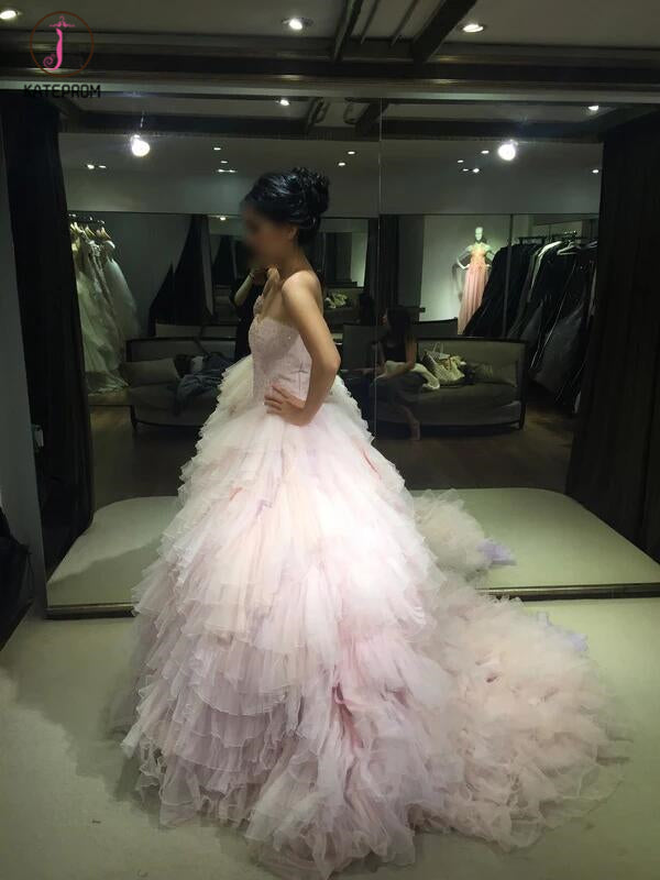 Pink Strapless Sweetheart Ball Gown Layers Wedding Dress,Princess Prom Dress KPW0128