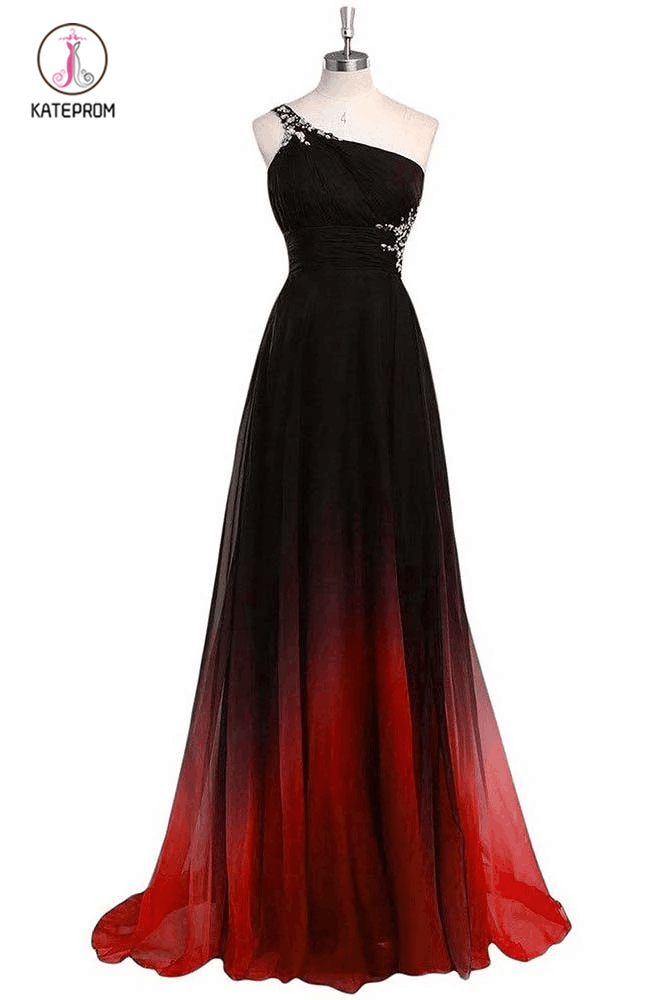 Gradient One Shoulder Chiffon Evening Dress,Ombre Prom Dresses with Beads KPB0104