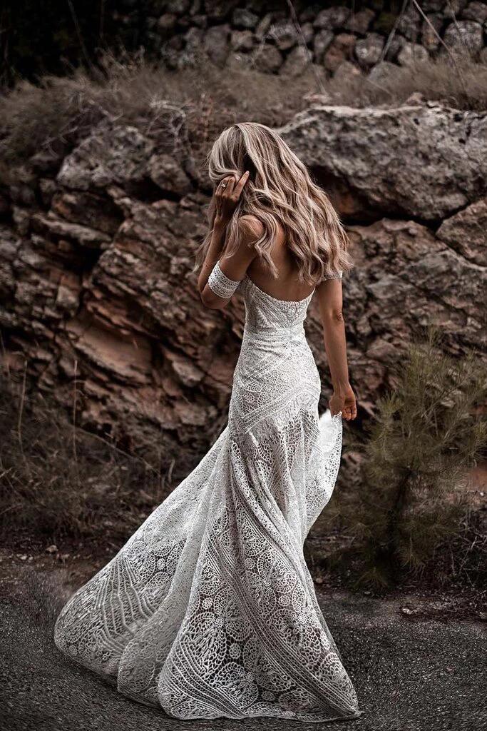 Mermaid Lace Sweetheart Elegant Bridal Long Wedding Dresses, Boho Bridal Dress KPW0137