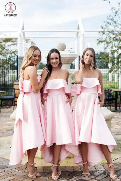 High Low Strapless Bridesmaid Dress, Pink Short Bridesmaid Dress with Bow KPB0019