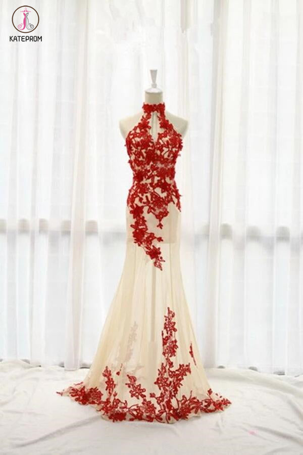 High Neck Appliques Long Prom Dress Evening Dress KPP0076