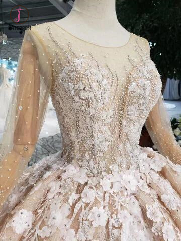 Princess Long Sleeves Ball Gown Wedding Dresses, Puffy Wedding Gown with Beads KPW0336