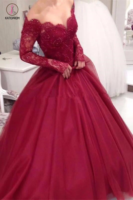Burgundy Off the Shoulder Long Sleeve Applique Tulle Evening Dress,Long Prom Dress KPP0364