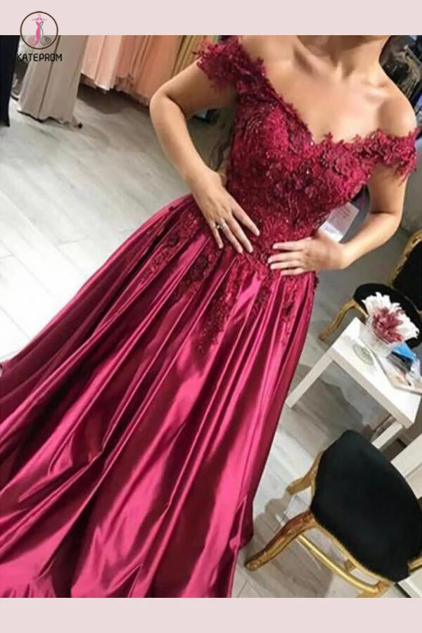 Charming Sleeveless Off-the-Shoulder Applique Satin Floor-Length Prom Dresses KPP0437