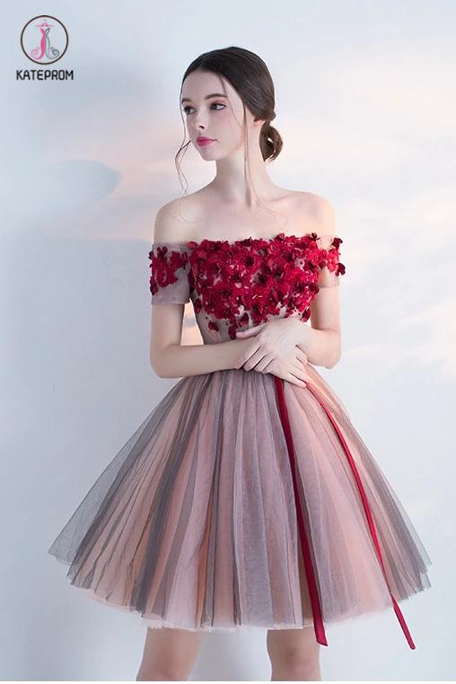 Off-the-shoulder Cocktail Dress,Short Homecoming Dress With Red Appliques,Mini Dress With Belt KPH0143