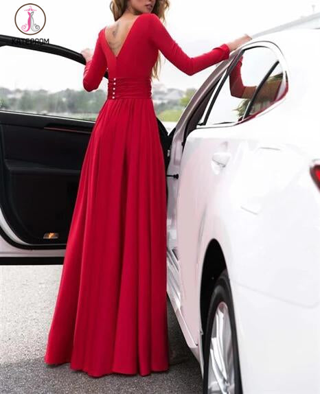 Sexy Green Deep V Neck Long Sleeves Floor-length Prom Dresses Leg Split Evening Gowns KPP0268