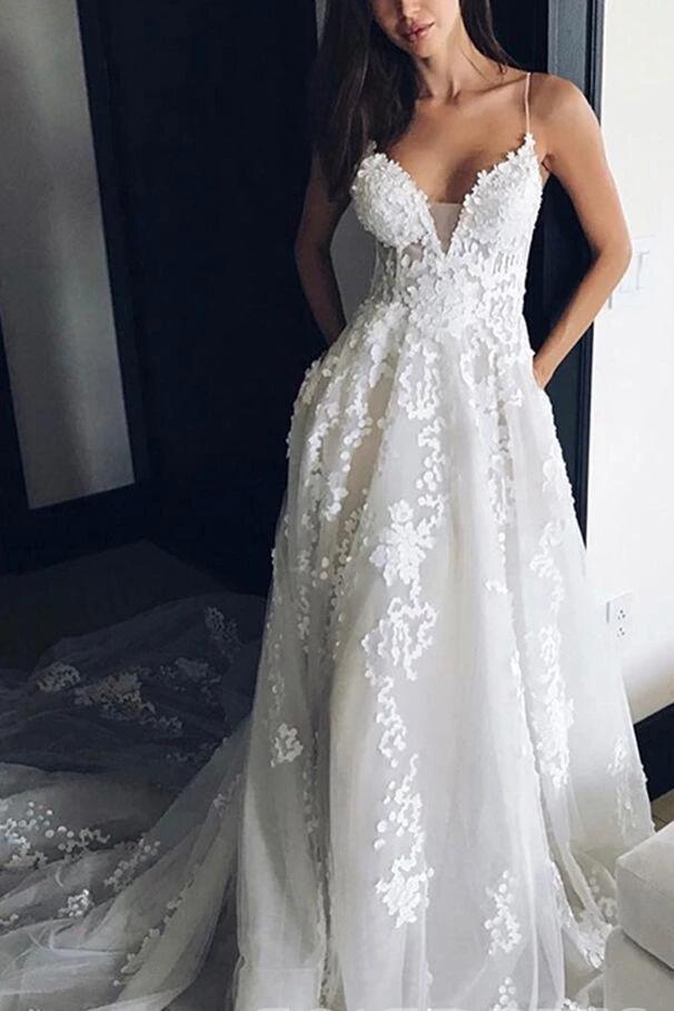 Deep V neck Wedding Dress,Lace Wedding Dress,Spaghetti Straps Beach Wedding Dress KPW0135