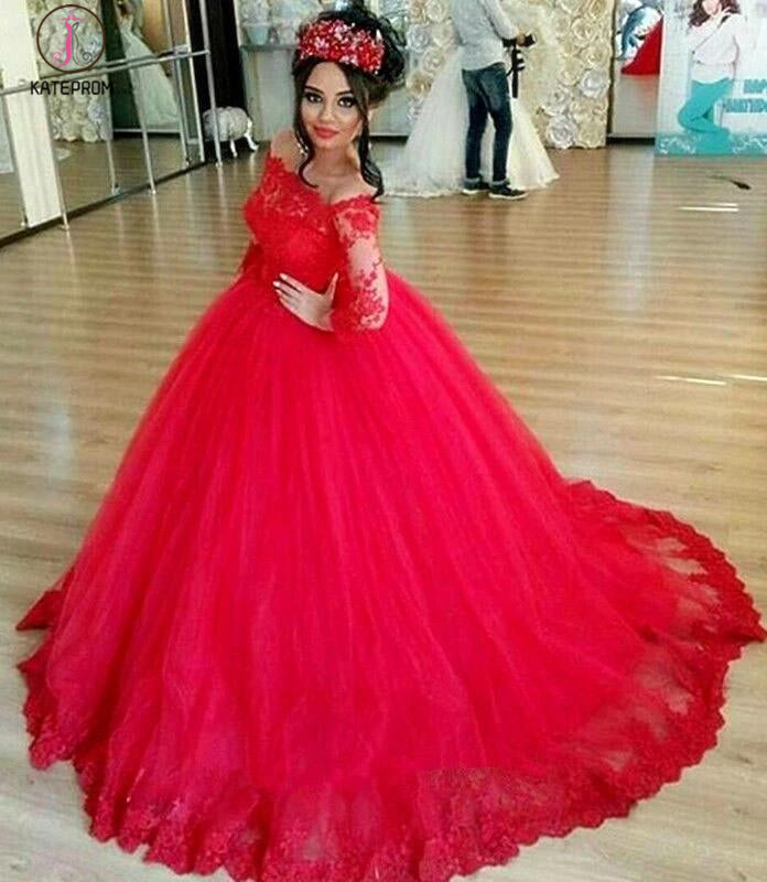 Red Long Sleeve Off-the-shoulder Lace Wedding Dress Ball Gown Quinceanera Dresses KPW0141
