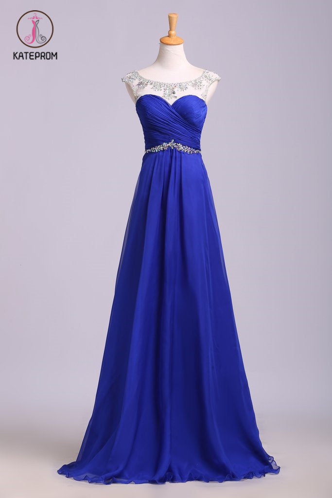 Royal Blue Floor Length Chiffon Prom Dress with Rhinestone Belt, Evening Dress with Pleats KPP0574