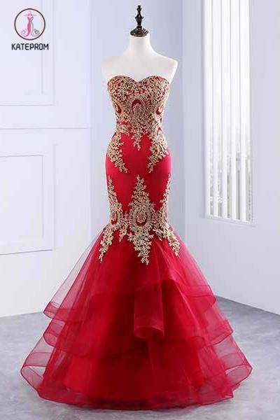 Floor Length Sweetheart Mermaid Red Prom Dress, Gold Appliqued Long Evening Dress KPP0593