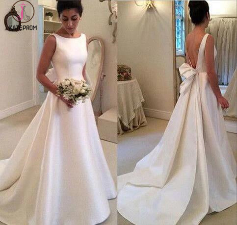 Classic Satin A Line Backless Wedding Dress,Long Backless Wedding Dresses with Bowknot KPW0026