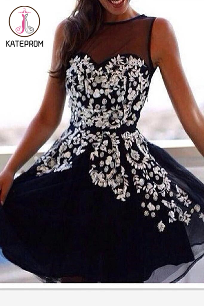 Dark Navy Appliques Graduation/Homecoming Dress KPH0048